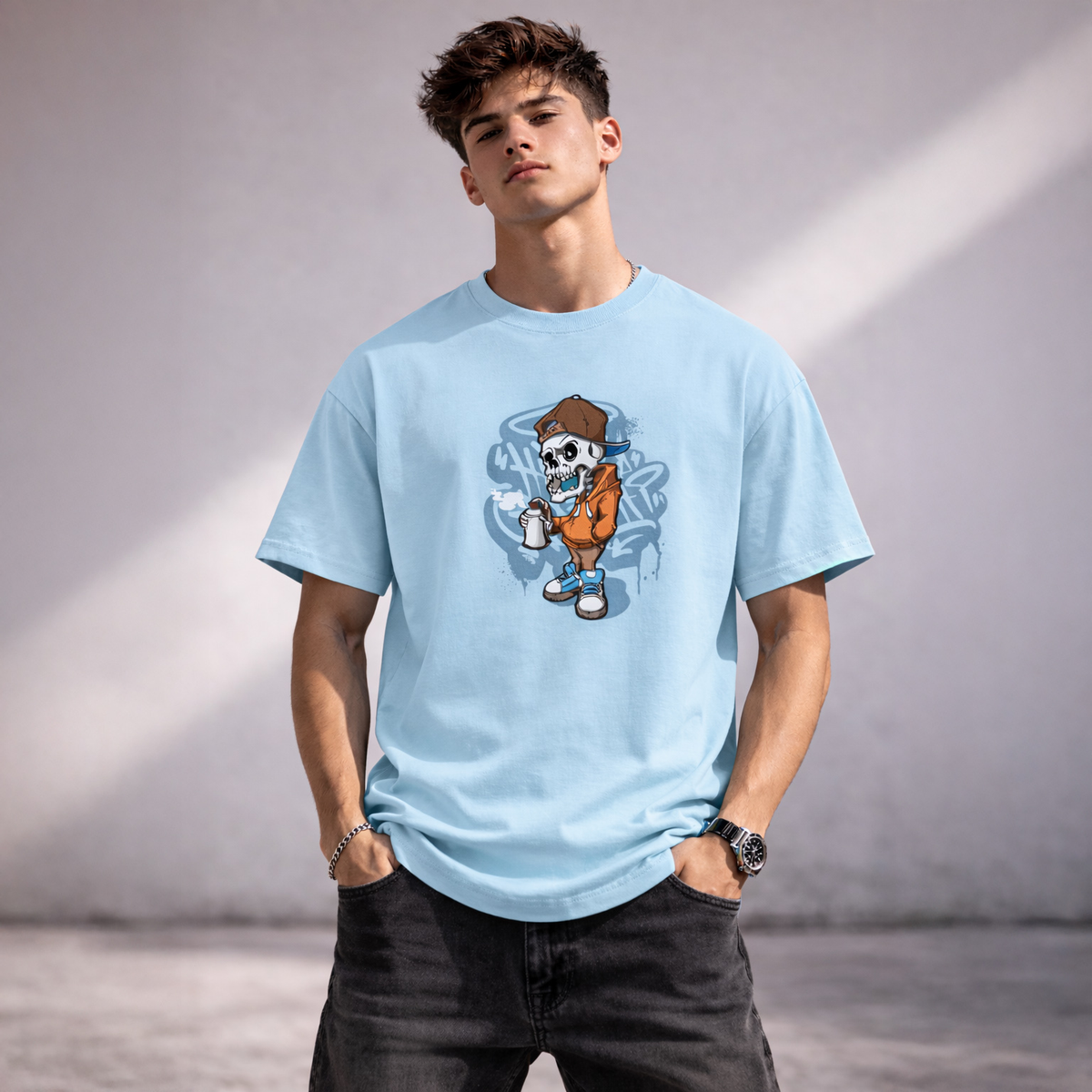 Vastrio Unisex Skull Graphic Printed T-Shirt for Men & Women | Skeleton Graffiti Streetwear T-Shirt | Trendy Casual Round Neck Short Sleeve Tee