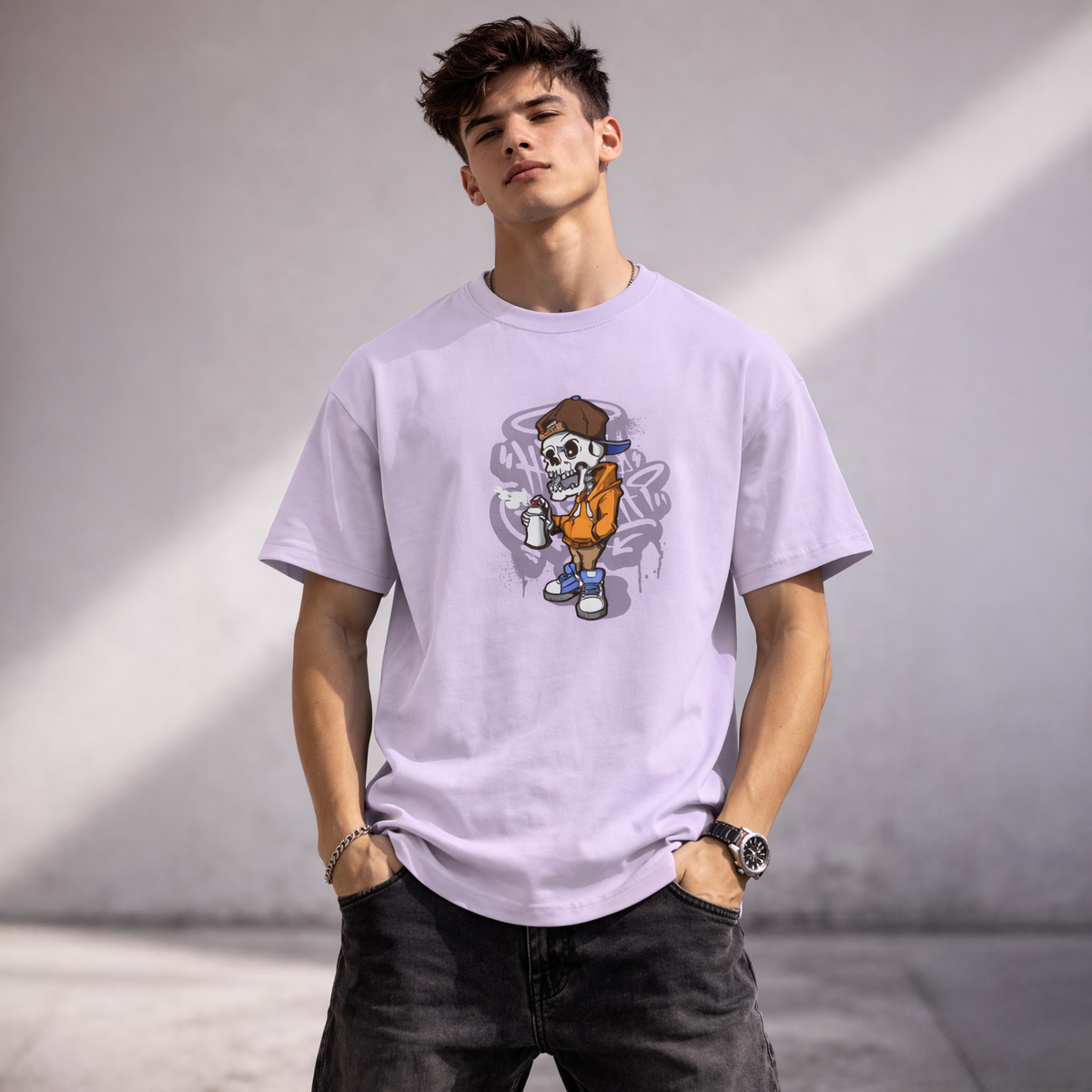Vastrio Unisex Skull Graphic Printed T-Shirt for Men & Women | Skeleton Graffiti Streetwear T-Shirt | Trendy Casual Round Neck Short Sleeve Tee