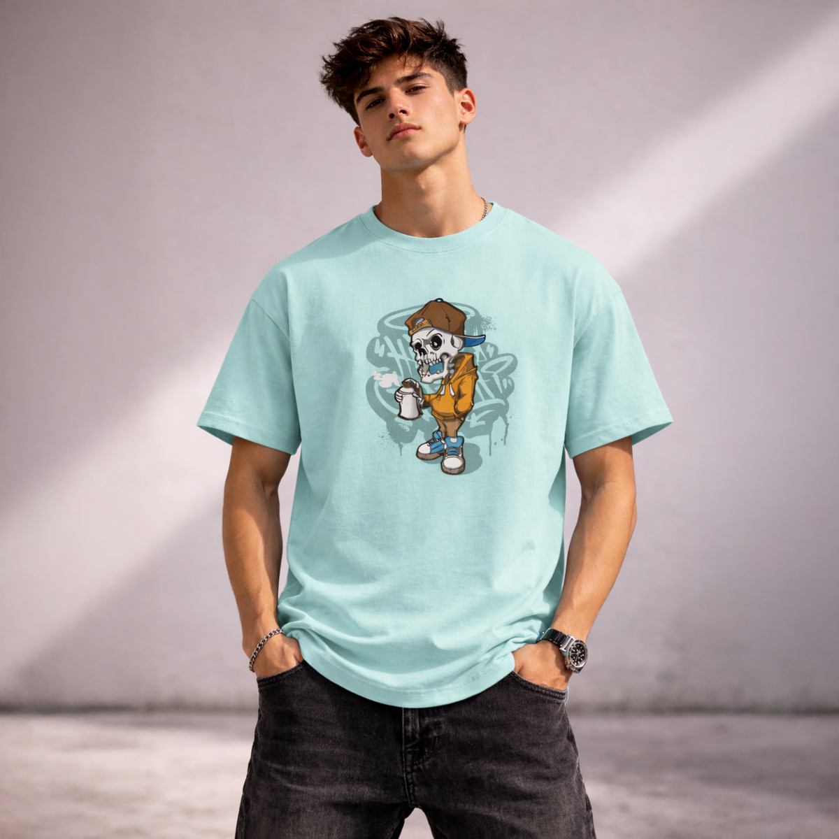 Vastrio Unisex Skull Graphic Printed T-Shirt for Men & Women | Skeleton Graffiti Streetwear T-Shirt | Trendy Casual Round Neck Short Sleeve Tee