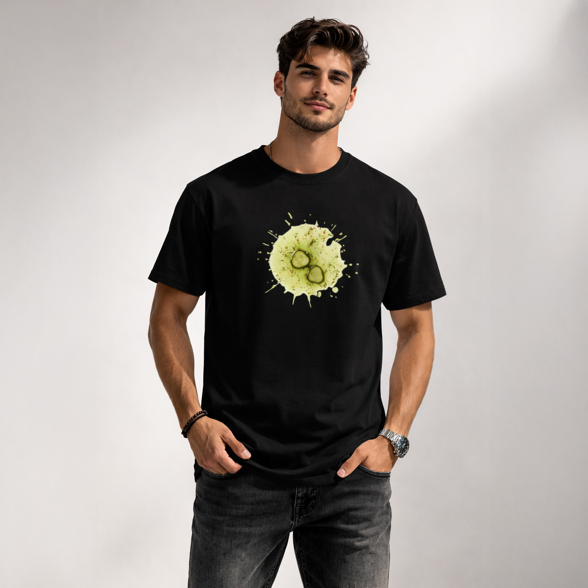 Unisex Classic Crew TShirt Versatile All-Season Casual Shirt featuring a unique graphic design on a black background.