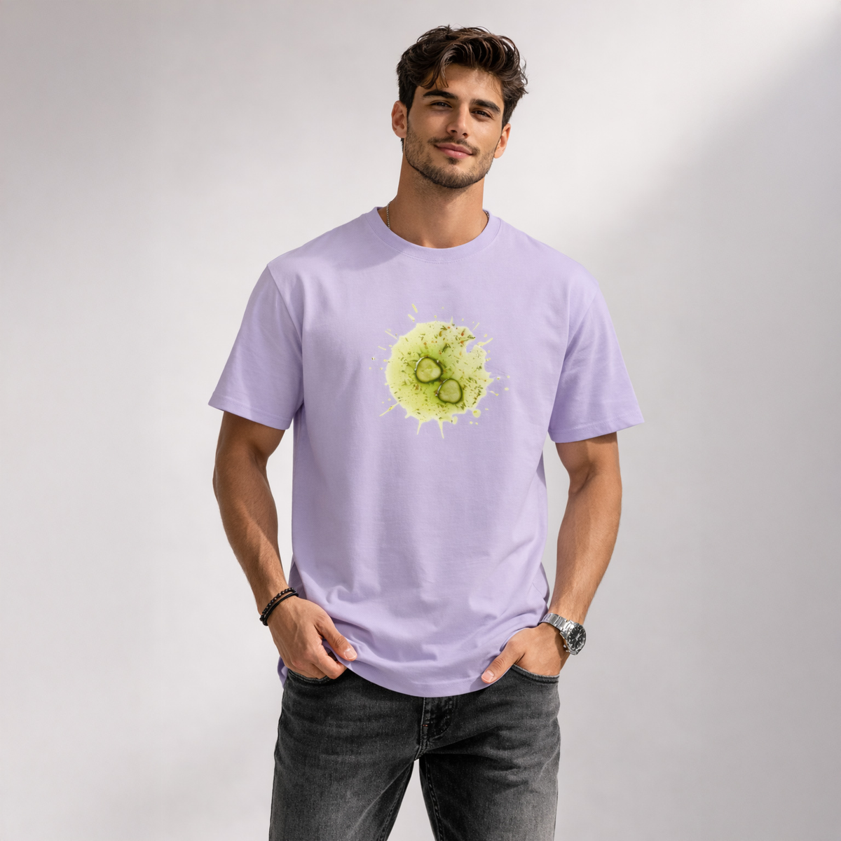 Unisex Classic Crew TShirt Versatile All-Season Casual Shirt in lavender with a green abstract design.
