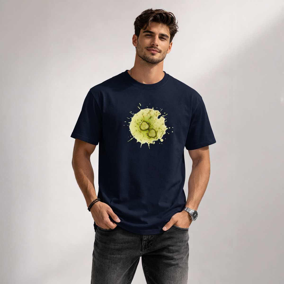 Unisex Classic Crew TShirt Versatile All-Season Casual Shirt with unique graphic design on navy background.