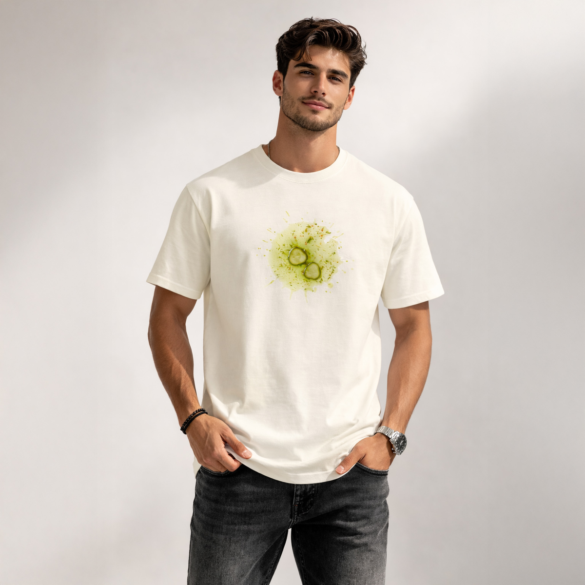 Unisex Classic Crew TShirt Versatile All-Season Casual Shirt worn by a man with green graphic design.