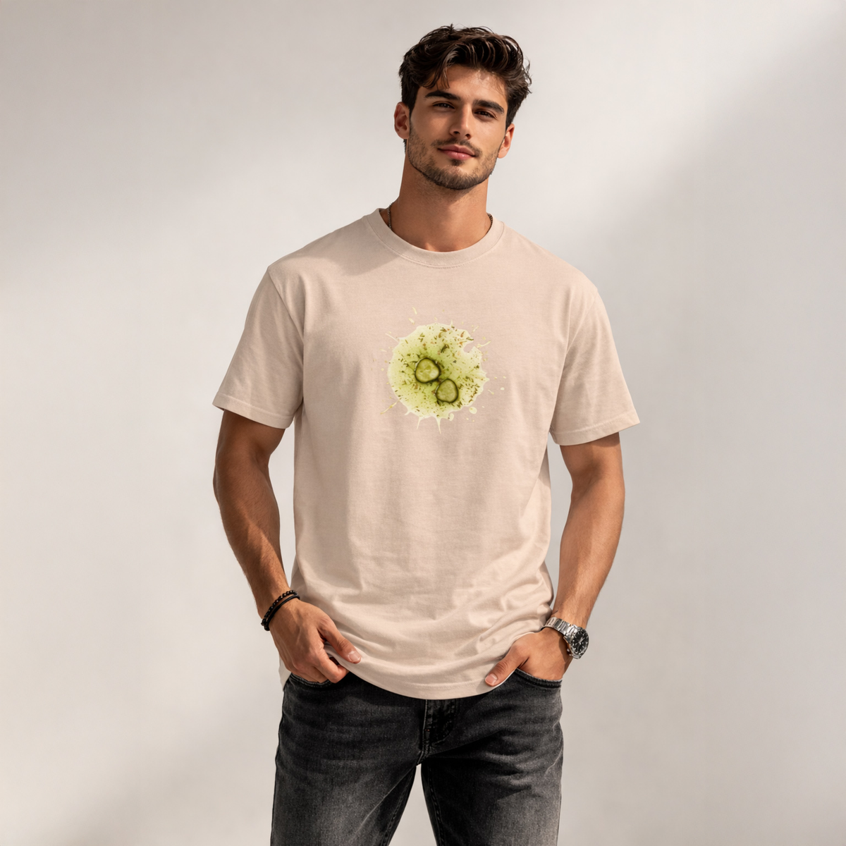 Unisex Classic Crew TShirt Versatile All-Season Casual Shirt featuring a green splash design on a light background.