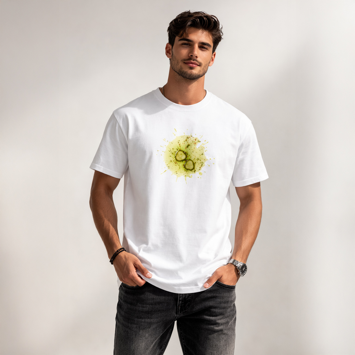 Unisex Classic Crew TShirt Versatile All-Season Casual Shirt worn by a model with green splash design.