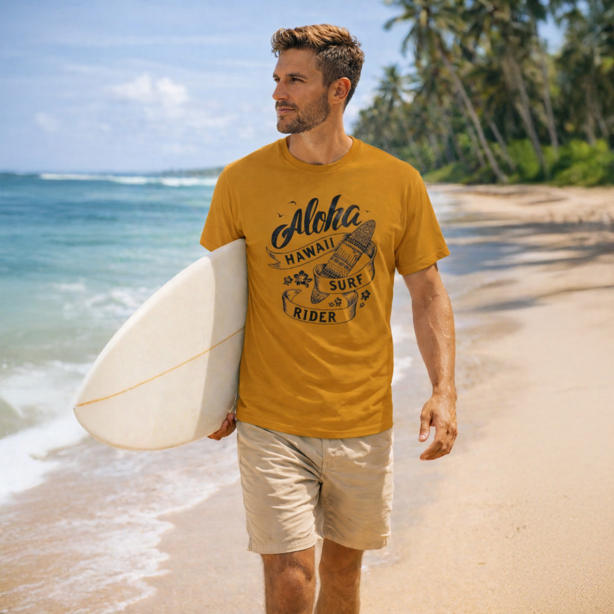 Man walking on a beach holding a surfboard, wearing a yellow 'Aloha Hawaii Surf Rider' t-shirt.