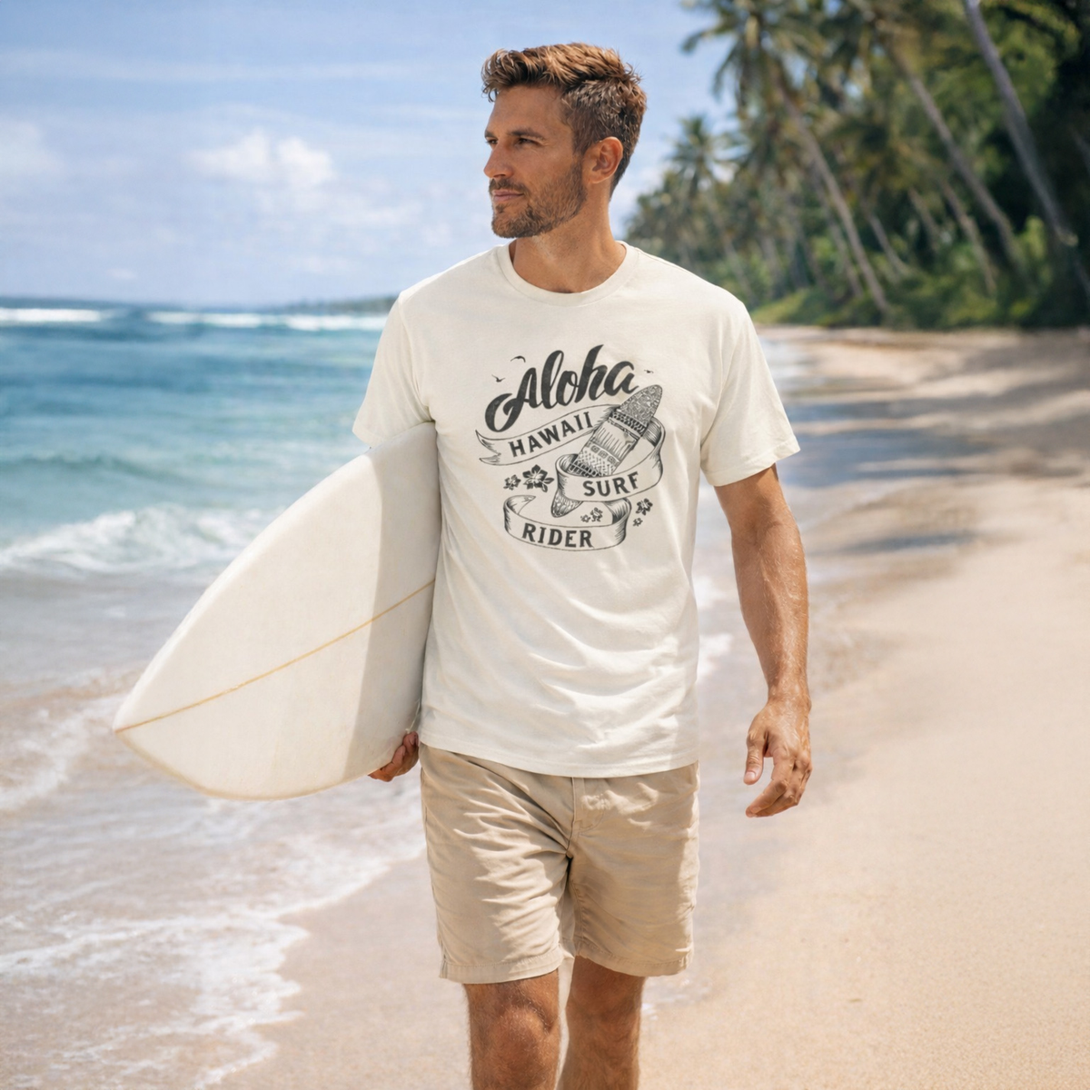 Man walking on a beach holding a surfboard, wearing a 'Hawaii Surf Rider' t-shirt.