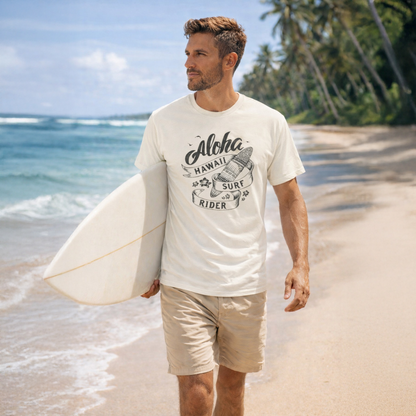 Man walking on a beach holding a surfboard, wearing a 'Hawaii Surf Rider' t-shirt.