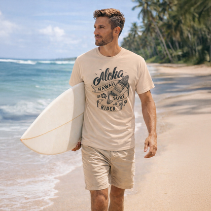 Man walking on a beach holding a surfboard, wearing a 'Hawaii Surf Rider' t-shirt.