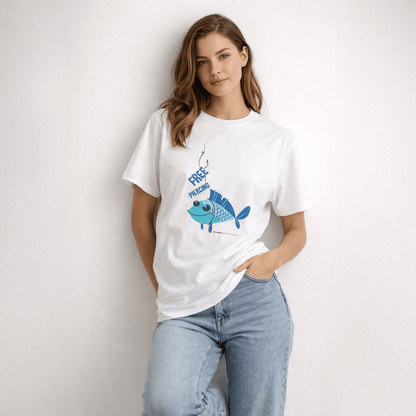 Woman wearing a white t-shirt with a blue fish graphic and text against a plain background