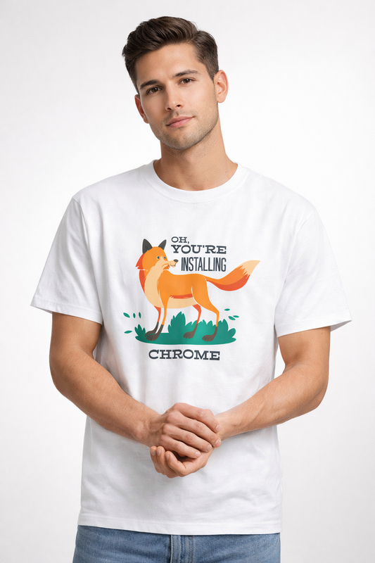 Man wearing a white t-shirt with a fox graphic and text on a white background