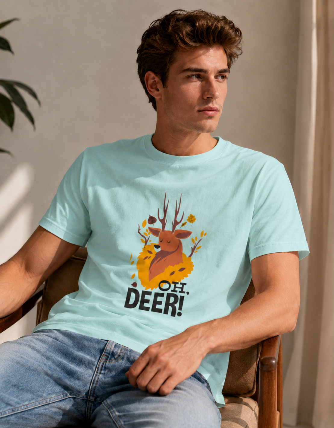 Man wearing a light blue t-shirt with a deer graphic and text, sitting in a chair.