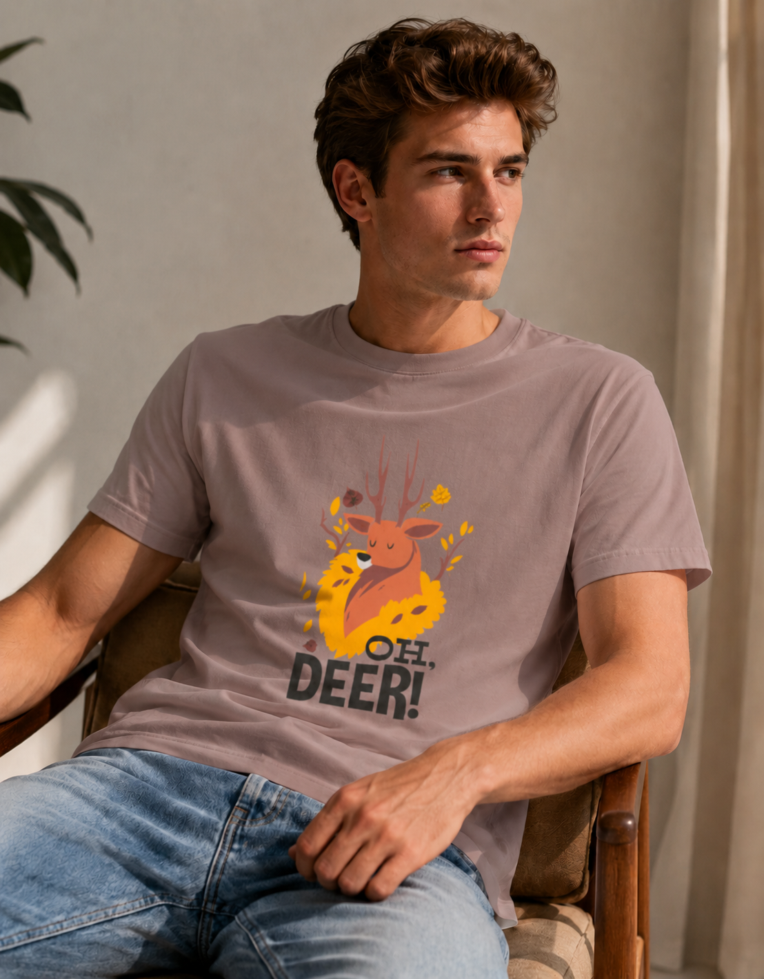 Man wearing a t-shirt with a 'Oh Deer!' graphic design sitting in a chair.