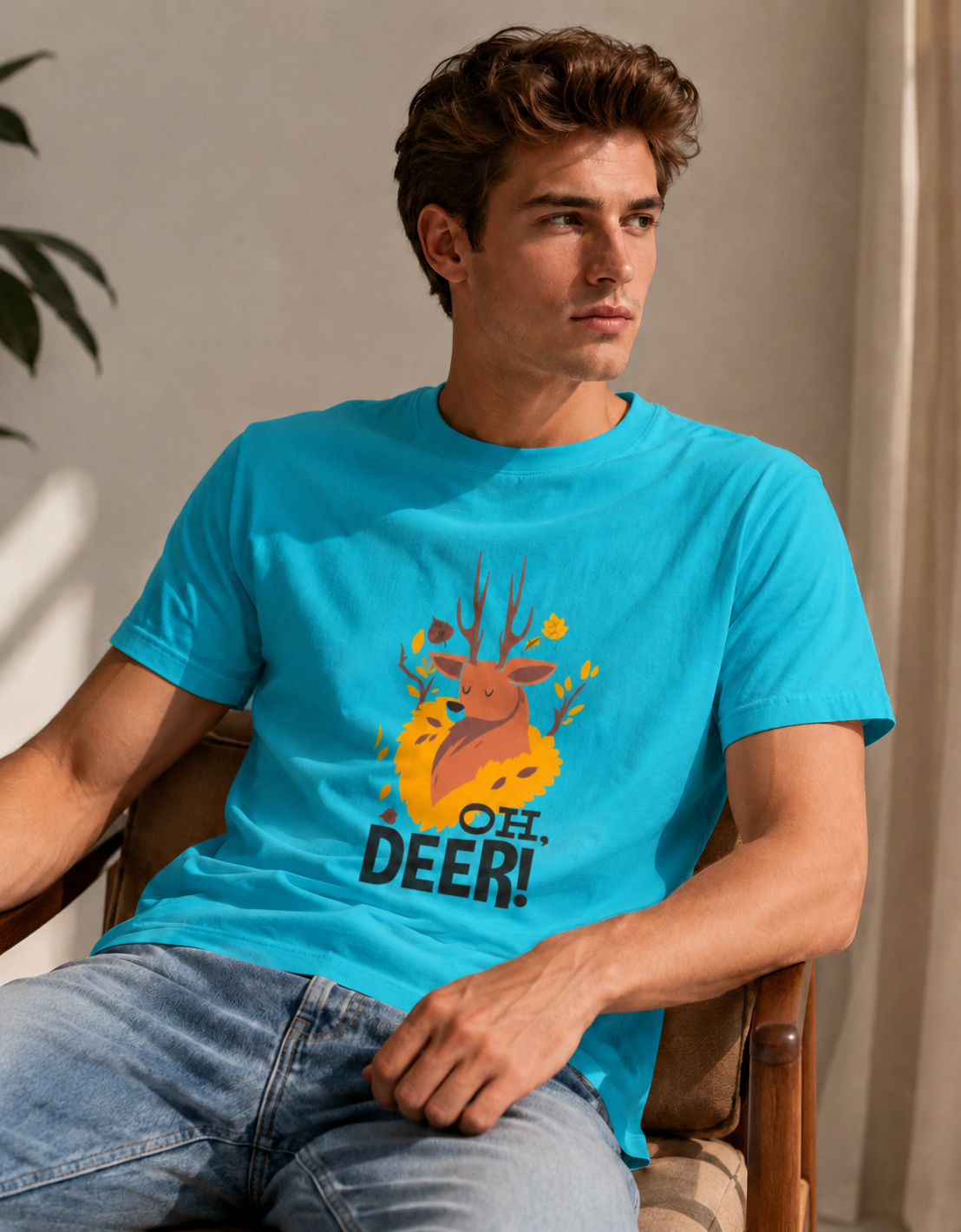 Man wearing a blue t-shirt with a deer graphic and 'Oh Deer!' text, sitting indoors.