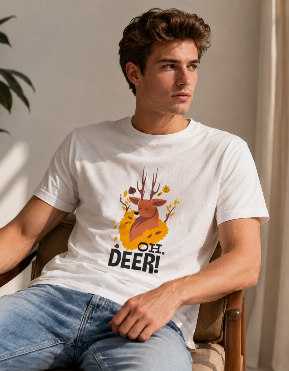 Man wearing a white t-shirt with a graphic of a deer and 'Oh Deer!' text, sitting indoors.