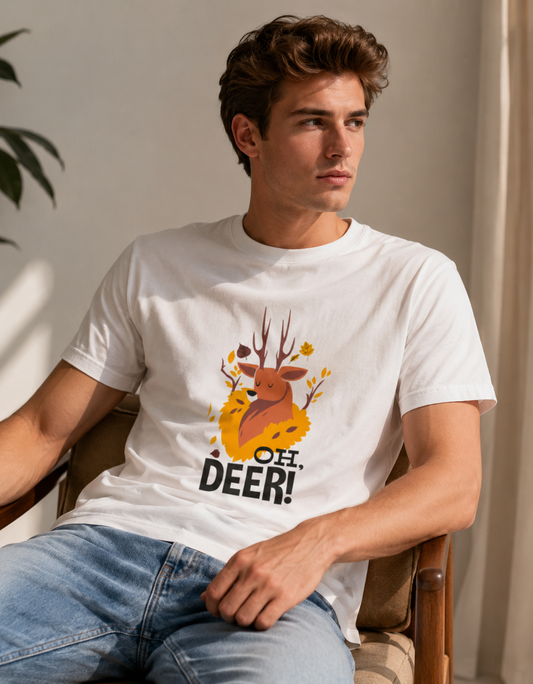 Man wearing a white t-shirt with a graphic of a deer and 'Oh Deer!' text, sitting indoors.