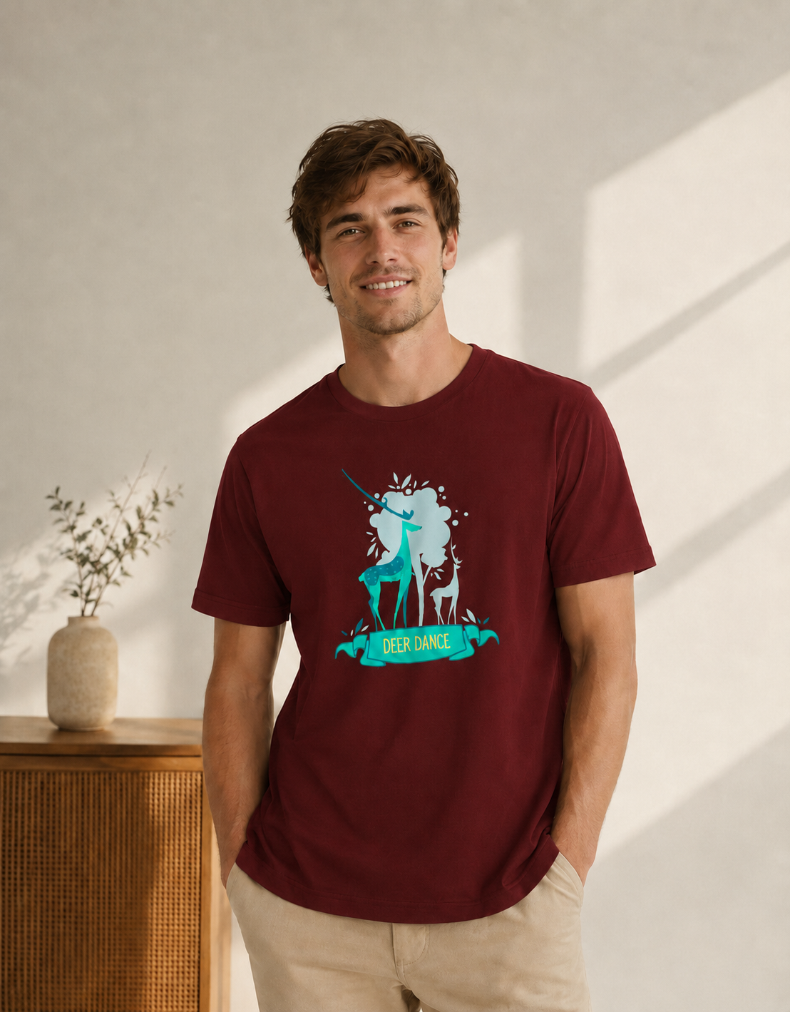 Man wearing a maroon t-shirt with a graphic design of a deer and text, standing in a room with a wooden cabinet and decorative plant.