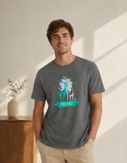 Man wearing a gray t-shirt with a graphic design, standing in a bright room.
