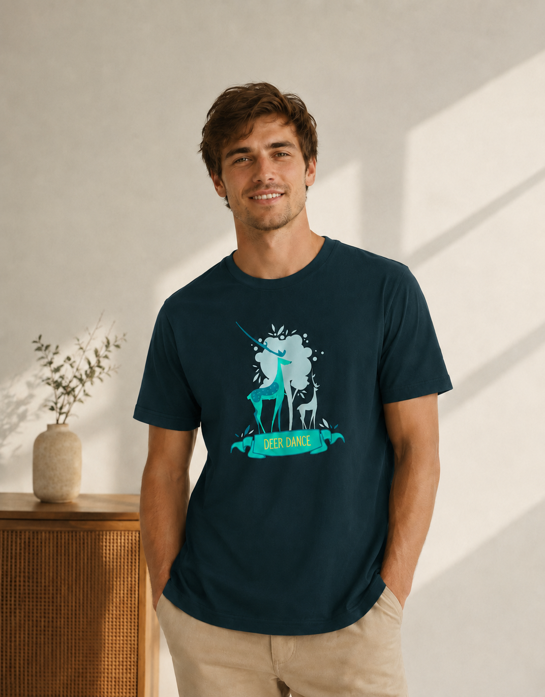 Man wearing a Petrol blue t-shirt with a graphic design of a deer and text, standing in a bright room.