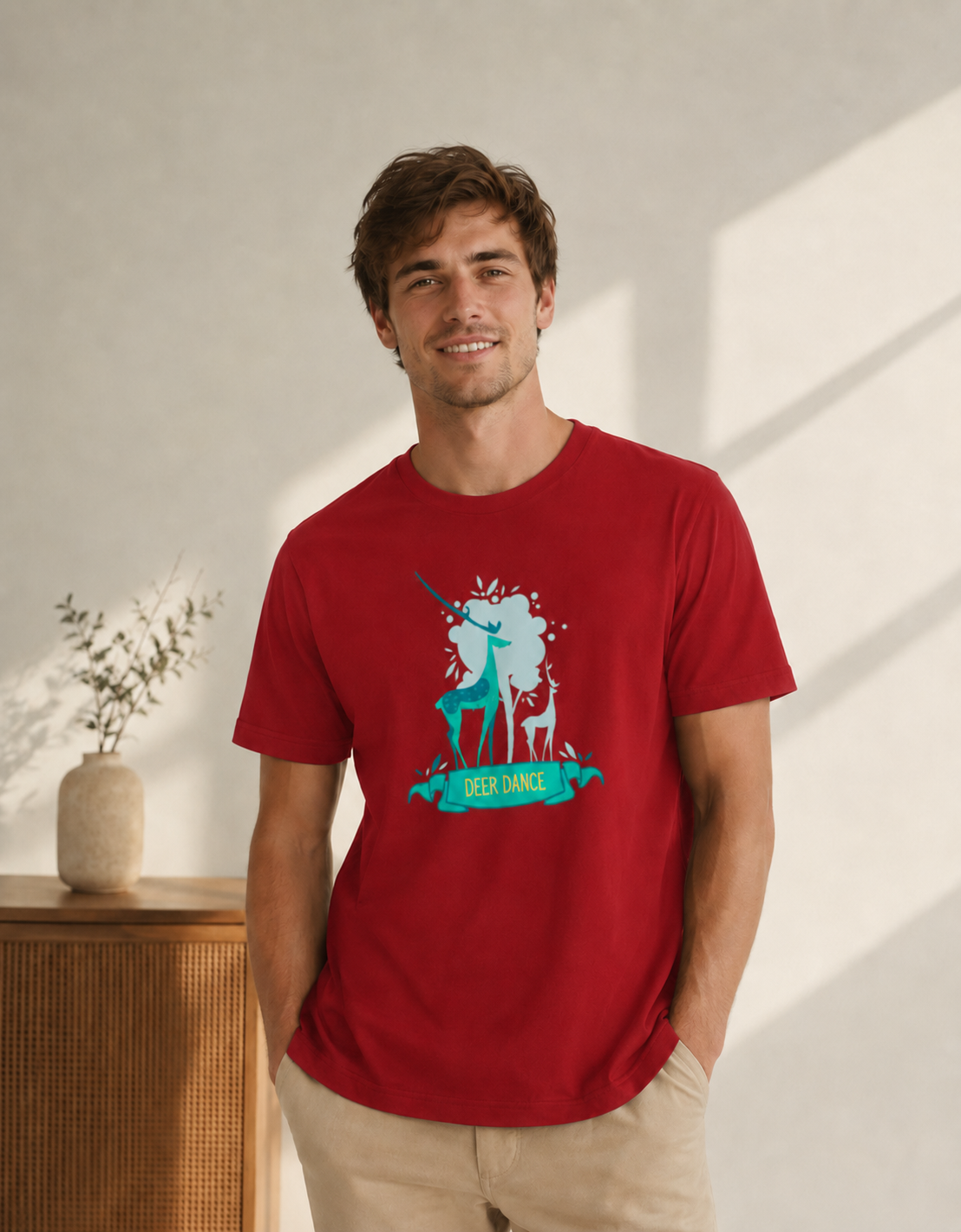 Man wearing a red t-shirt with a graphic design in a bright room.