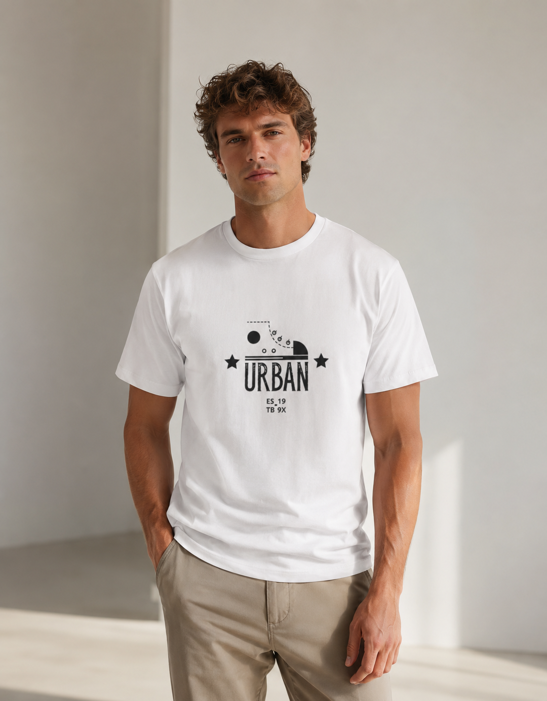Man wearing a white t-shirt with 'URBAN' design against a plain background