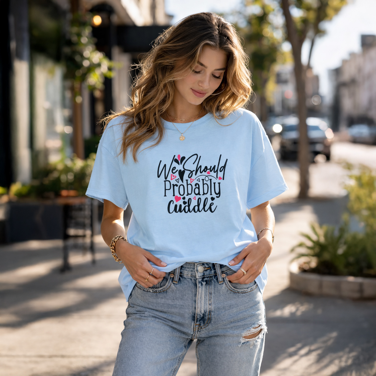 Vastrio Unisex Valentine Graphic Printed T Shirt for Men & Women | We Should Probably Cuddle Love T-Shirt | Cute Valentine Day T-Shirt | Regular Fit Half Sleeve Casual T-Shirt
