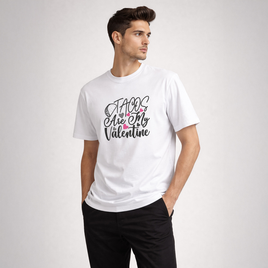 Man wearing a white t-shirt with text design on a plain background