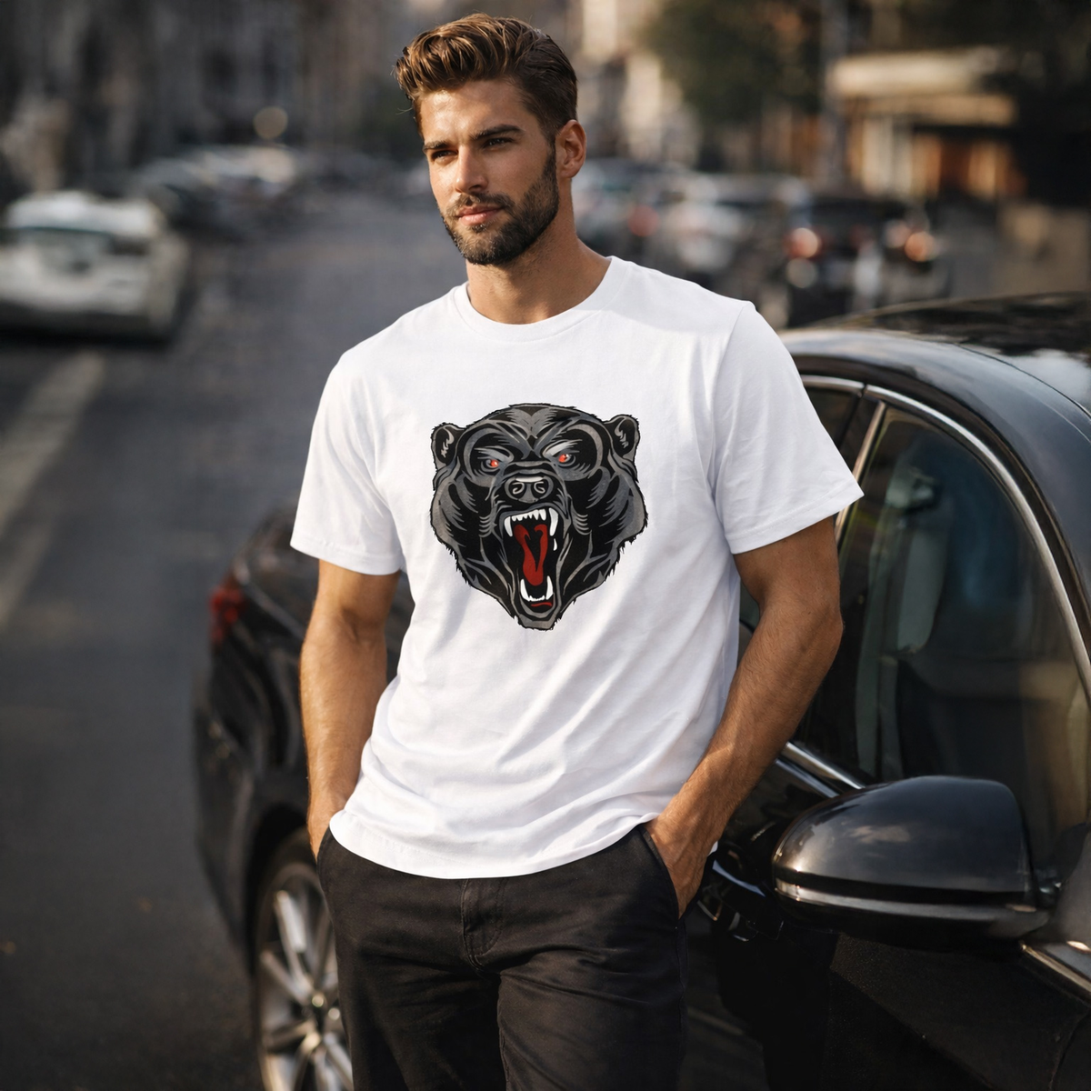Man wearing a white t-shirt with a black panther graphic design, standing outdoors.