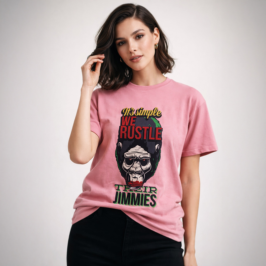 Woman wearing a pink t-shirt with graphic design and text