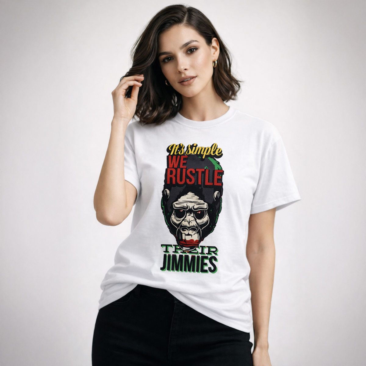 Woman wearing a white t-shirt with a graphic design and text.