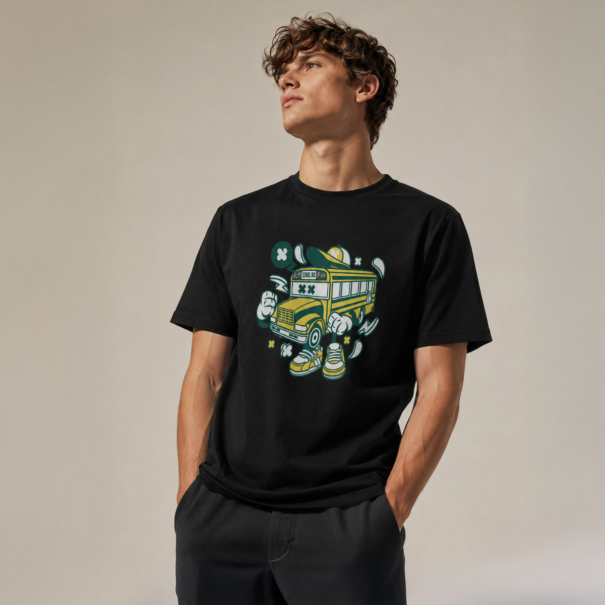 Vastrio Unisex Regular Fit Crew Neck Graphic Printed Casual T-Shirt for Men & Women | Stylish Cartoon School Bus Print Cotton T-Shirt