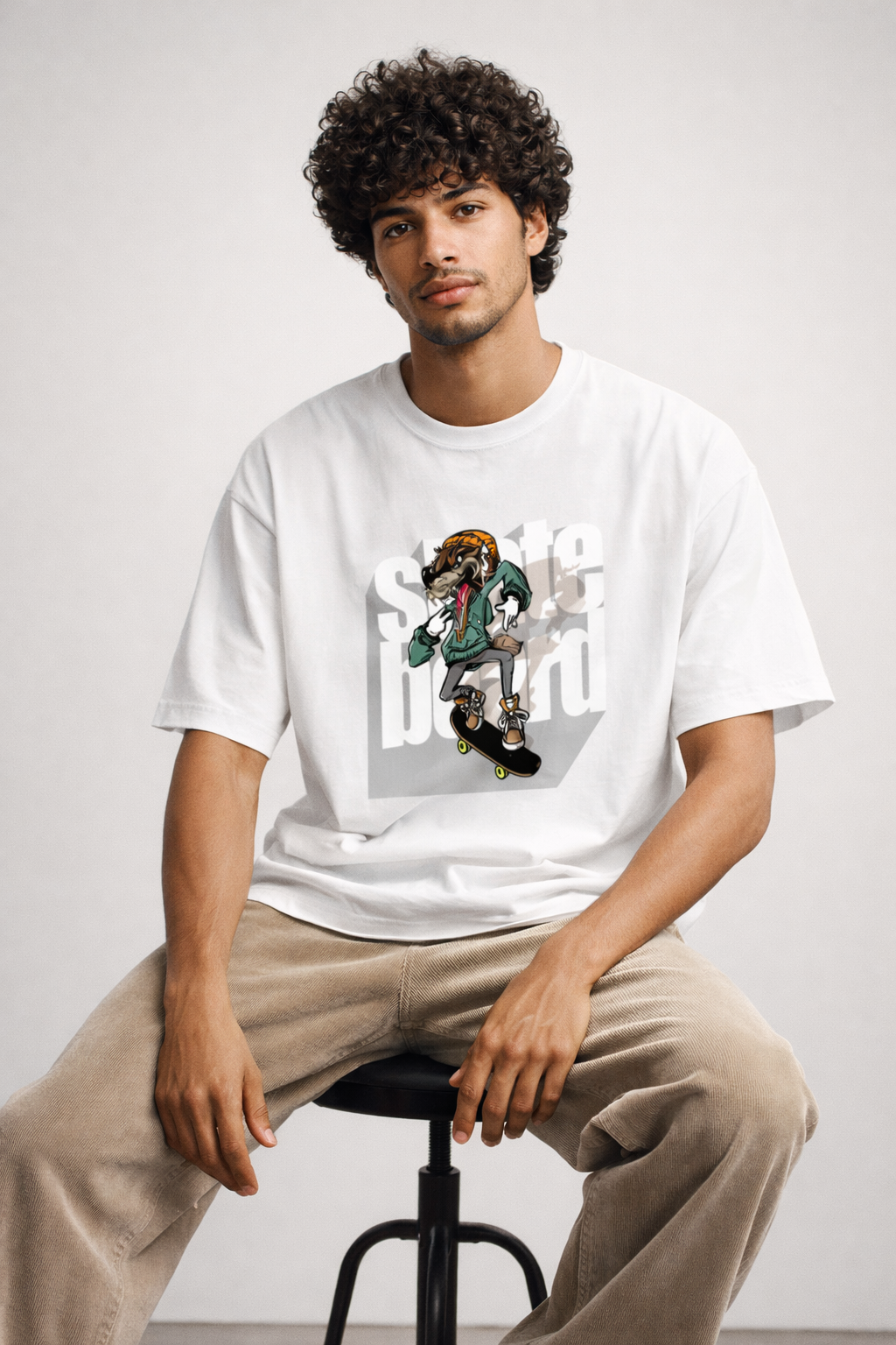 Man wearing a white t-shirt with a graphic design sitting on a stool against a plain background