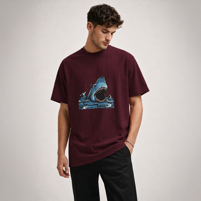 Man wearing a burgundy t-shirt with a shark graphic on a plain background
