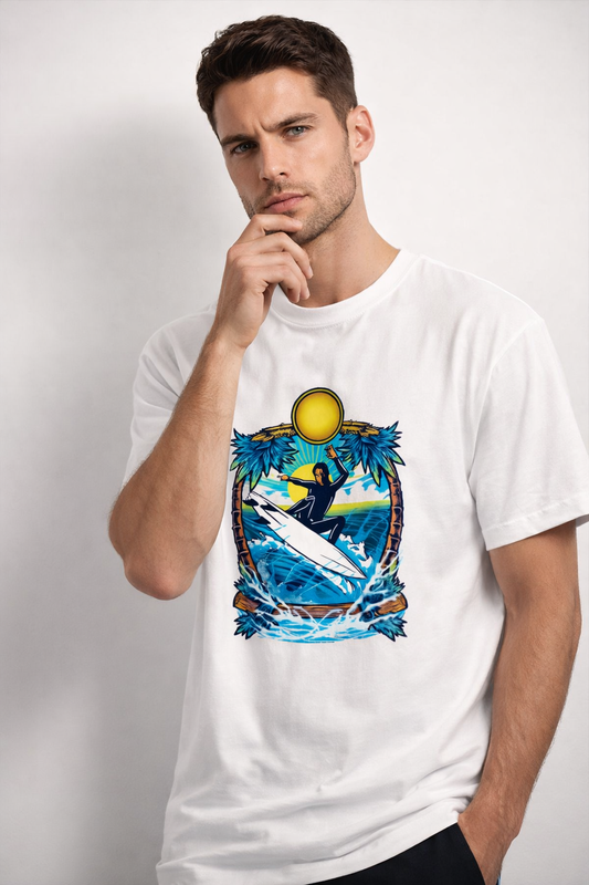 Man wearing a white t-shirt with a graphic design of a surfer on a wave.
