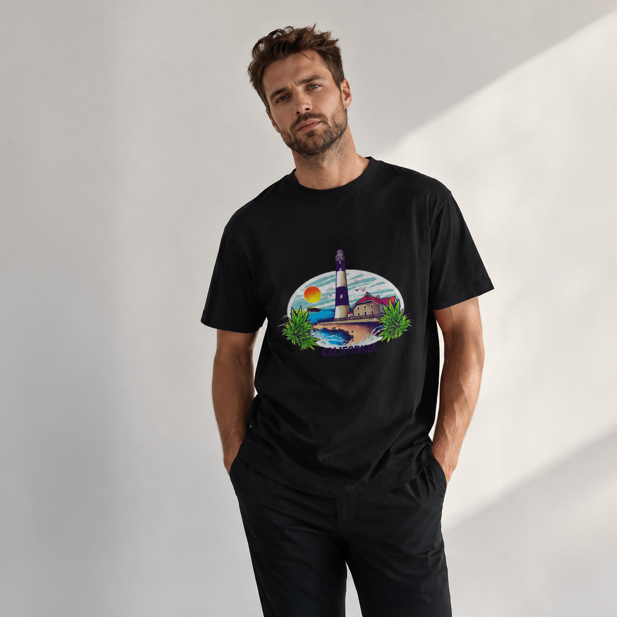 Vastrio Unisex California Lighthouse Graphic Printed Pure Cotton T-Shirt | Regular Fit Crew Neck Casual Wear | Beach Travel Coastal Summer T-Shirt for Men & Women