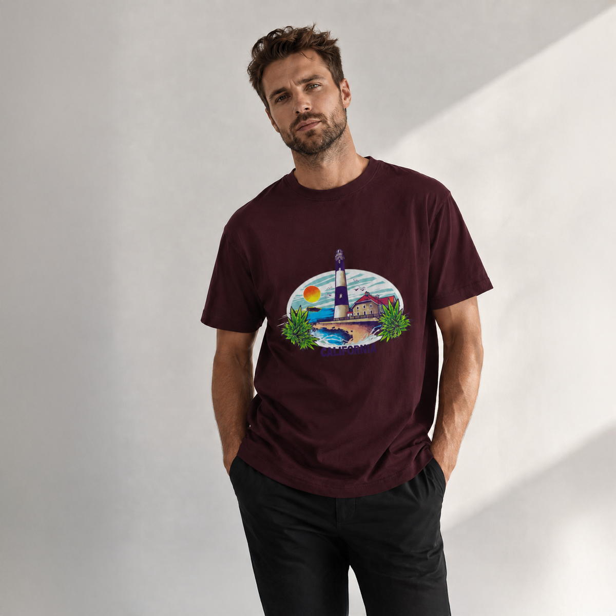 Vastrio Unisex California Lighthouse Graphic Printed Pure Cotton T-Shirt | Regular Fit Crew Neck Casual Wear | Beach Travel Coastal Summer T-Shirt for Men & Women