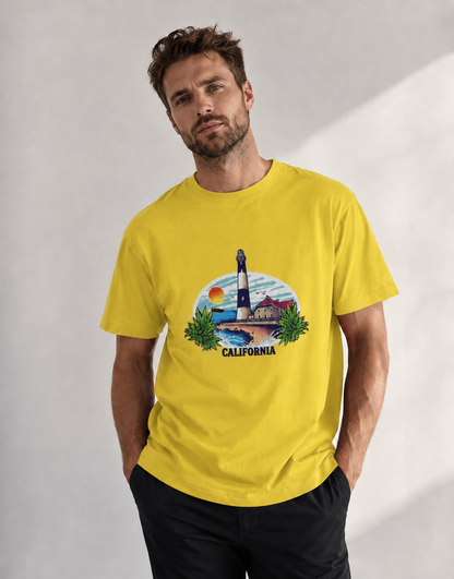 Vastrio Unisex California Lighthouse Graphic Printed Pure Cotton T-Shirt | Regular Fit Crew Neck Casual Wear | Beach Travel Coastal Summer T-Shirt for Men & Women