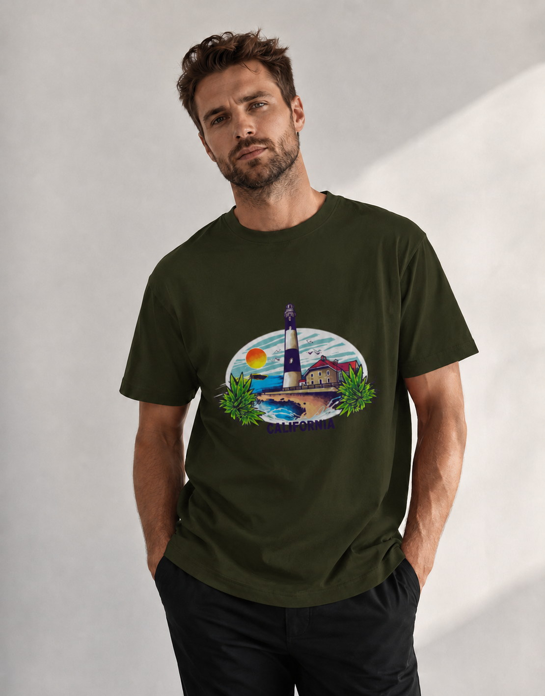 Vastrio Unisex California Lighthouse Graphic Printed Pure Cotton T-Shirt | Regular Fit Crew Neck Casual Wear | Beach Travel Coastal Summer T-Shirt for Men & Women