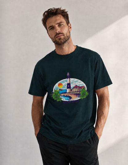 Vastrio Unisex California Lighthouse Graphic Printed Pure Cotton T-Shirt | Regular Fit Crew Neck Casual Wear | Beach Travel Coastal Summer T-Shirt for Men & Women