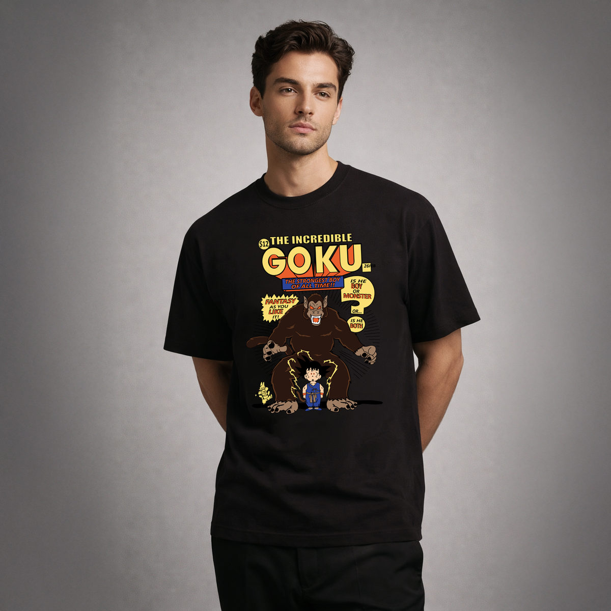 Person wearing a black t-shirt with 'The Incredible Goku' graphic design on a gray background