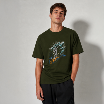 Man wearing a Olive green t-shirt with a graphic design on a plain background
