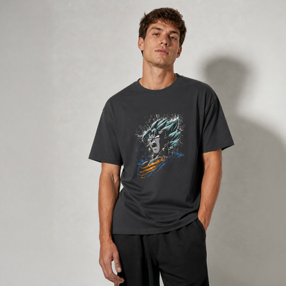 Man wearing a Steel Grey t-shirt with a graphic design on a plain background