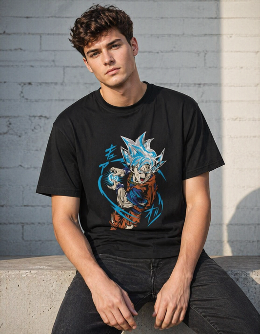 Person wearing a black t-shirt with a graphic design sitting against a brick wall.