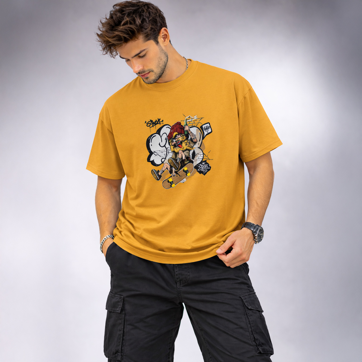 Vastrio Unisex Cartoon Skateboard Graphic Printed T-Shirt for Men & Women | Black Crew Neck Casual Streetwear T-Shirt