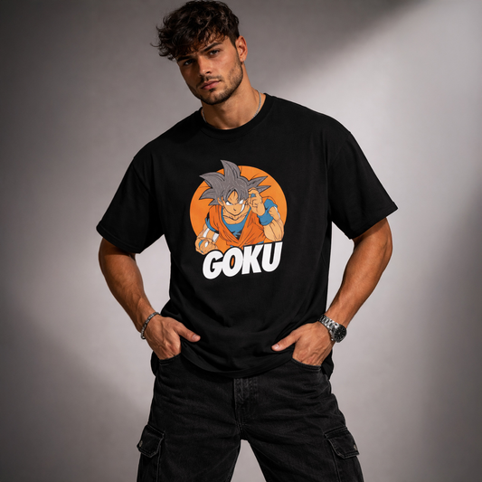 Man wearing a black t-shirt with 'Goku' graphic design on a gray background