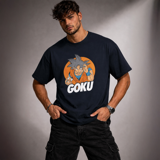 Man wearing a Navy Blue t-shirt with a 'Goku' graphic design on a gray background