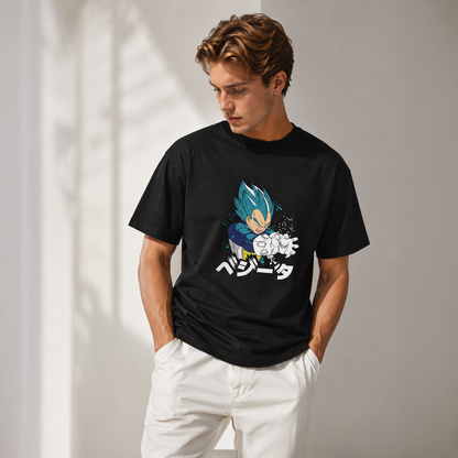 Person wearing a black t-shirt with a graphic design on a plain background