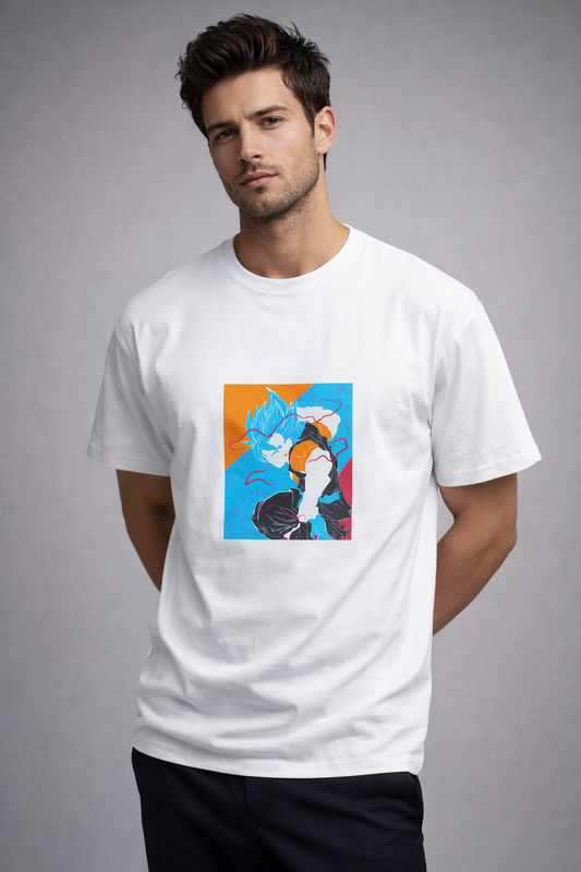 Man wearing a white t-shirt with a colorful graphic design on a gray background