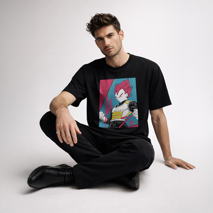 Man wearing a black t-shirt with a colorful graphic design on a white background