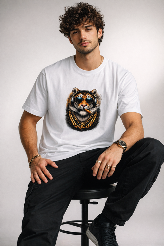 Man wearing a white t-shirt with a tiger graphic design, sitting on a stool against a plain background.